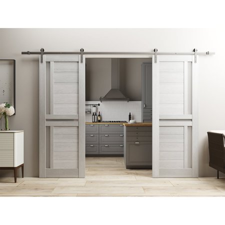 Sartodoors Sturdy Dbl Barn Door 64 x 80in W/, Light Grey Oak W/ Frosted Glass, SS 13FT Rail Hangers Heavy Set VEREGIO7288DB-S-OAK-64